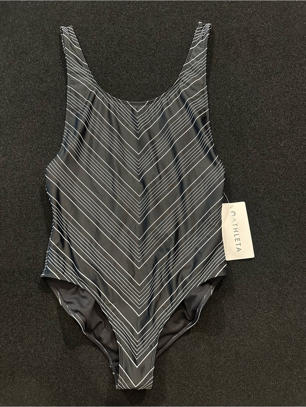 Athleta Black One-Piece Swimsuit with White Chevron Stripes NWT!